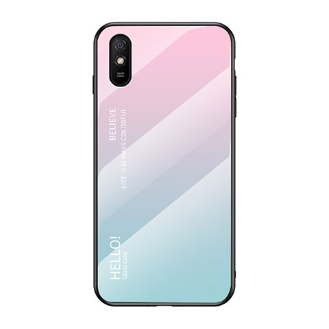 Custodia Silicone Specchio Laterale Sfumato Arcobaleno Cover LS1 per Xiaomi Redmi 9A Ciano