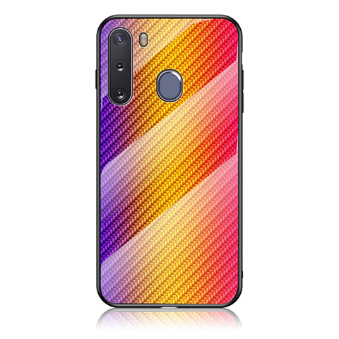 Custodia Silicone Specchio Laterale Sfumato Arcobaleno Cover LS2 per Samsung Galaxy A21 European Arancione