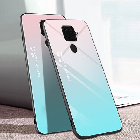 Custodia Silicone Specchio Laterale Sfumato Arcobaleno Cover per Huawei Nova 5i Pro Ciano