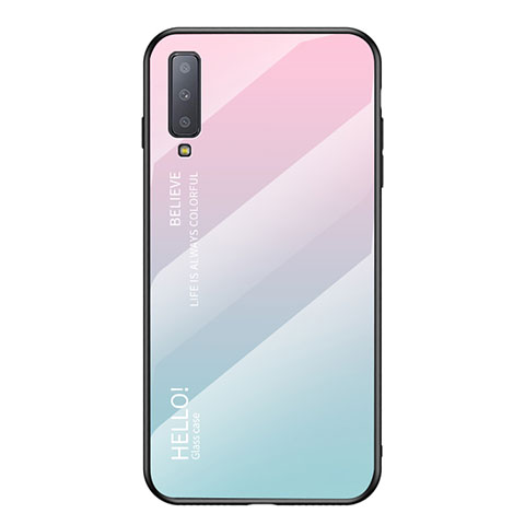 Custodia Silicone Specchio Laterale Sfumato Arcobaleno Cover per Samsung Galaxy A7 (2018) A750 Ciano