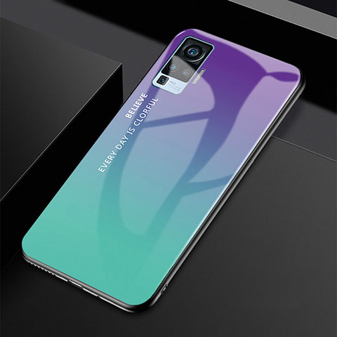 Custodia Silicone Specchio Laterale Sfumato Arcobaleno Cover per Vivo X50 Pro 5G Ciano