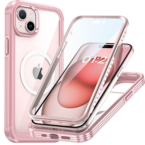 Custodia Silicone Trasparente Laterale 360 Gradi Cover con Mag-Safe Magnetic T01 per Apple iPhone 14 Oro Rosa