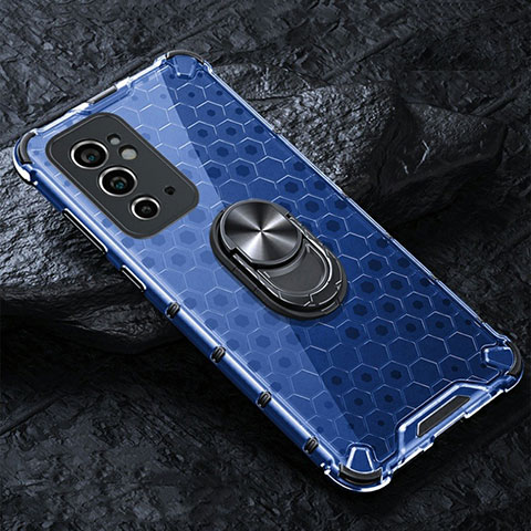 Custodia Silicone Trasparente Specchio Laterale 360 Gradi con Magnetico Anello Supporto AM1 per OnePlus 9RT 5G Blu