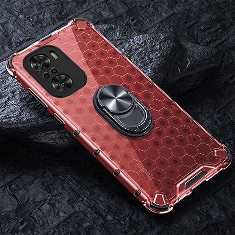 Custodia Silicone Trasparente Specchio Laterale 360 Gradi con Magnetico Anello Supporto AM1 per Xiaomi Mi 11X Pro 5G Rosso