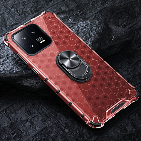 Custodia Silicone Trasparente Specchio Laterale 360 Gradi con Magnetico Anello Supporto AM1 per Xiaomi Mi 13 5G Rosso