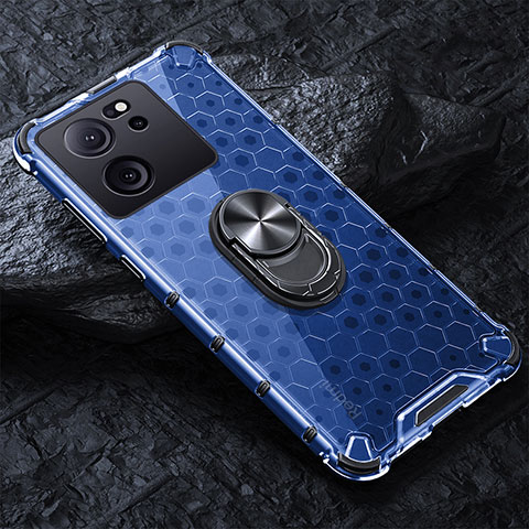 Custodia Silicone Trasparente Specchio Laterale 360 Gradi con Magnetico Anello Supporto AM1 per Xiaomi Mi 13T Pro 5G Blu