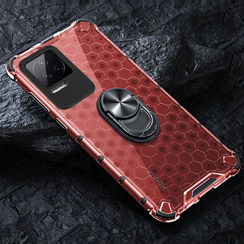 Custodia Silicone Trasparente Specchio Laterale 360 Gradi con Magnetico Anello Supporto AM1 per Xiaomi Redmi K40S 5G Rosso