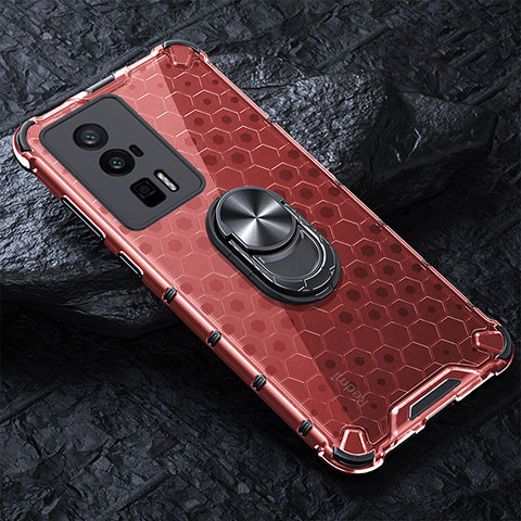 Custodia Silicone Trasparente Specchio Laterale 360 Gradi con Magnetico Anello Supporto AM1 per Xiaomi Redmi K60 5G Rosso