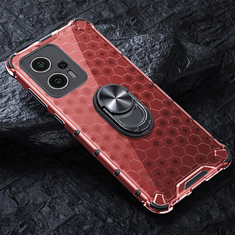 Custodia Silicone Trasparente Specchio Laterale 360 Gradi con Magnetico Anello Supporto AM1 per Xiaomi Redmi Note 11T Pro 5G Rosso