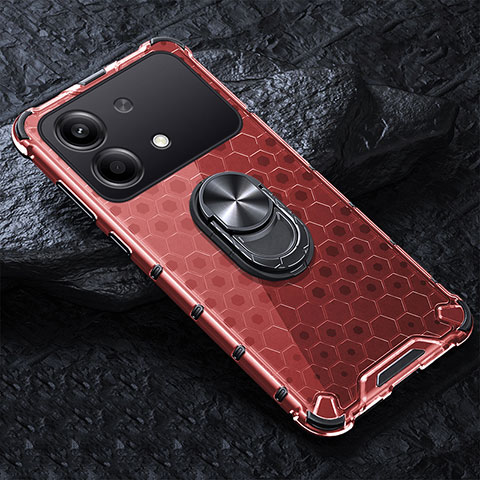 Custodia Silicone Trasparente Specchio Laterale 360 Gradi con Magnetico Anello Supporto AM1 per Xiaomi Redmi Note 13R Pro 5G Rosso