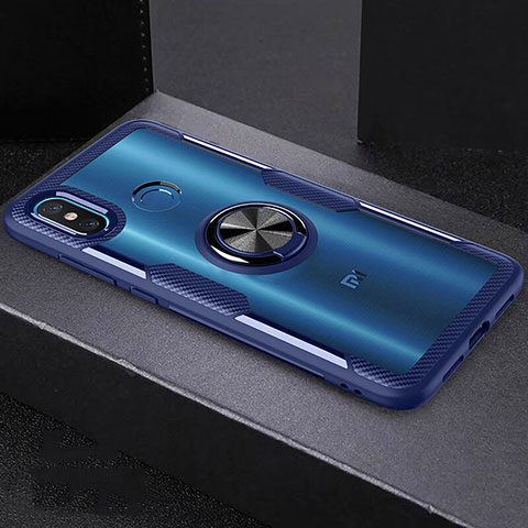 Custodia Silicone Trasparente Specchio Laterale 360 Gradi con Magnetico Anello Supporto per Xiaomi Mi 8 Blu