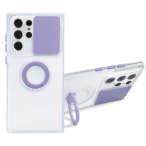 Custodia Silicone Trasparente Ultra Slim Cover Morbida con Anello Supporto S01 per Samsung Galaxy S22 Ultra 5G Viola