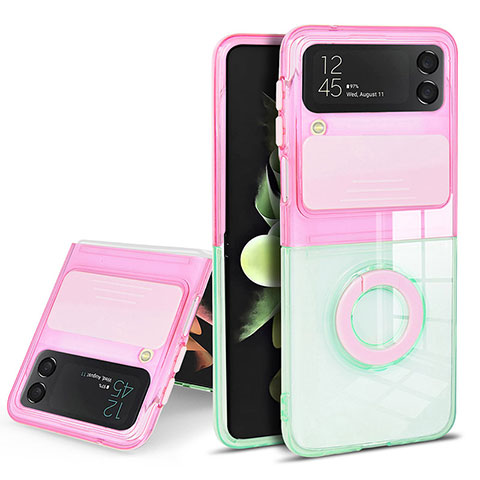 Custodia Silicone Trasparente Ultra Slim Cover Morbida con Anello Supporto S02 per Samsung Galaxy Z Flip3 5G Rosa