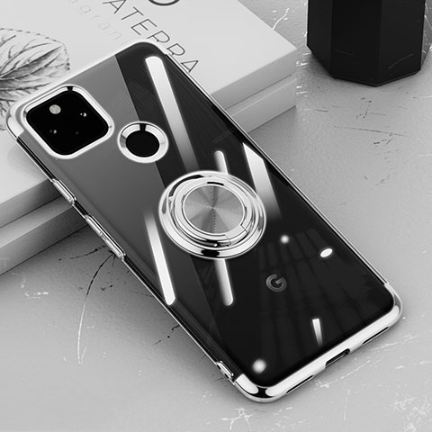 Custodia Silicone Trasparente Ultra Slim Cover Morbida con Magnetico Anello Supporto AN1 per Google Pixel 5a 5G Argento