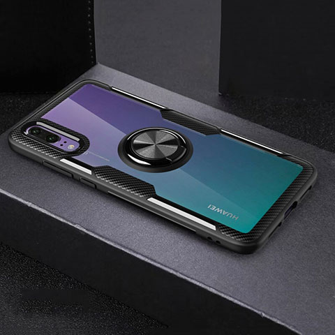 Custodia Silicone Trasparente Ultra Slim Cover Morbida con Magnetico Anello Supporto C01 per Huawei P20 Nero