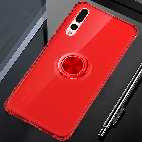 Custodia Silicone Trasparente Ultra Slim Cover Morbida con Magnetico Anello Supporto C01 per Huawei P20 Pro Rosso