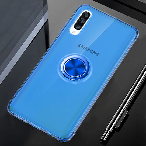 Custodia Silicone Trasparente Ultra Slim Cover Morbida con Magnetico Anello Supporto C01 per Samsung Galaxy A70 Blu