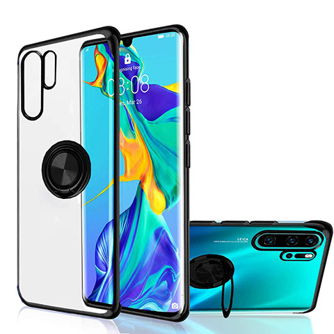 Custodia Silicone Trasparente Ultra Slim Cover Morbida con Magnetico Anello Supporto C04 per Huawei P30 Pro Nero