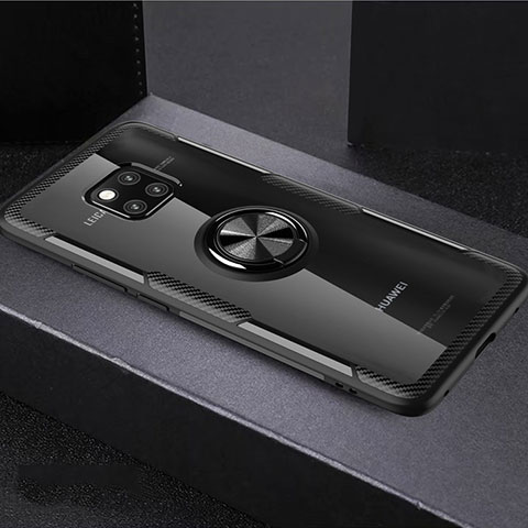 Custodia Silicone Trasparente Ultra Slim Cover Morbida con Magnetico Anello Supporto S02 per Huawei Mate 20 Pro Nero