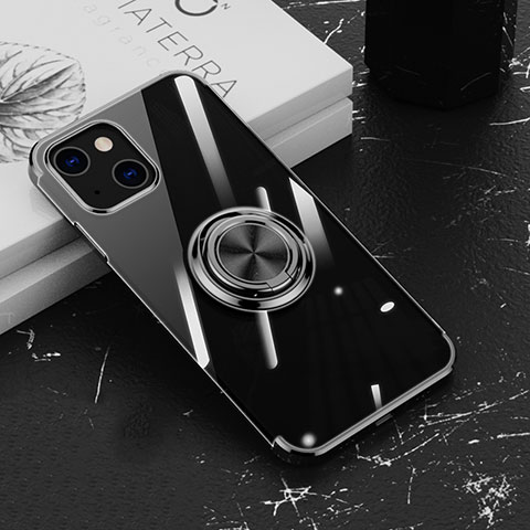 Custodia Silicone Trasparente Ultra Slim Cover Morbida con Magnetico Anello Supporto Z02 per Apple iPhone 13 Mini Nero