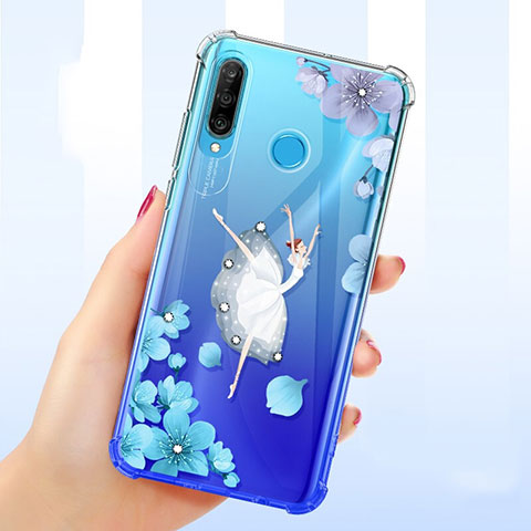 Custodia Silicone Trasparente Ultra Sottile Cover Fiori per Huawei Nova 4e Blu