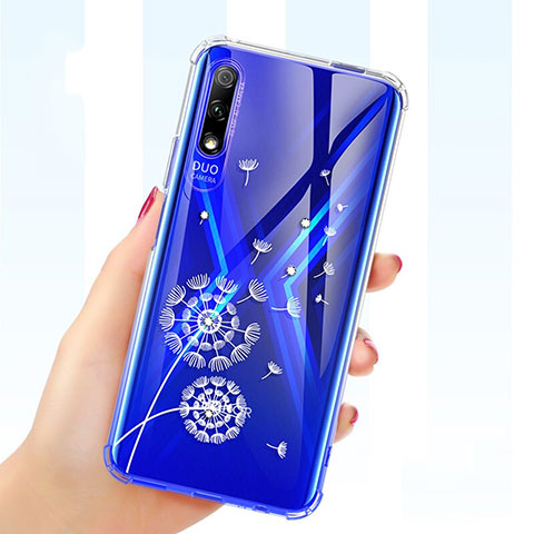 Custodia Silicone Trasparente Ultra Sottile Cover Fiori per Huawei Y9 Prime (2019) Blu