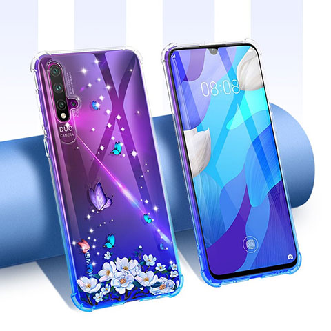 Custodia Silicone Trasparente Ultra Sottile Cover Fiori T01 per Huawei Nova 5 Viola