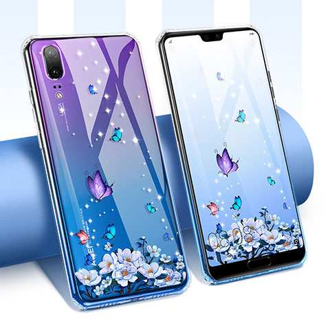 Custodia Silicone Trasparente Ultra Sottile Cover Fiori T01 per Huawei P20 Viola