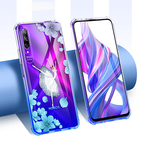 Custodia Silicone Trasparente Ultra Sottile Cover Fiori T01 per Huawei Y9s Blu