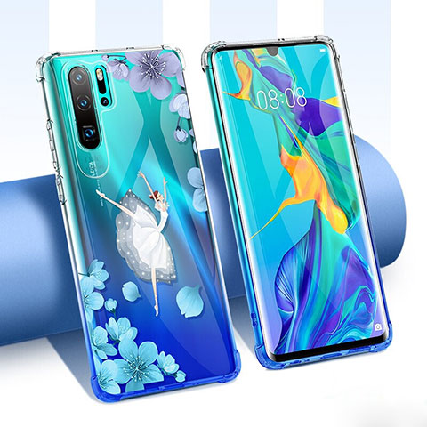 Custodia Silicone Trasparente Ultra Sottile Cover Fiori T02 per Huawei P30 Pro New Edition Blu