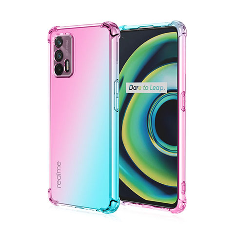 Custodia Silicone Trasparente Ultra Sottile Cover Morbida Sfumato per Realme X7 Max 5G Ciano