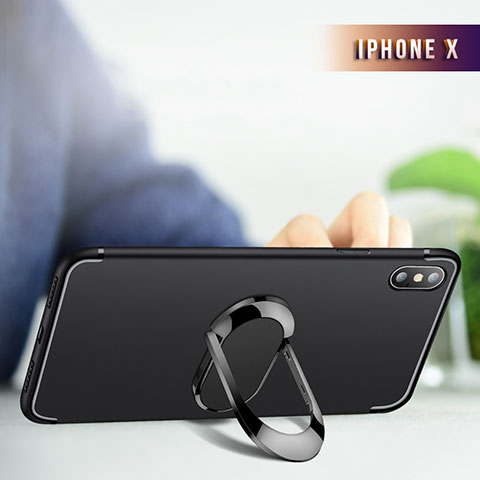 Custodia Silicone Trasparente Ultra Sottile Morbida con Anello Supporto R01 per Apple iPhone Xs Max Nero