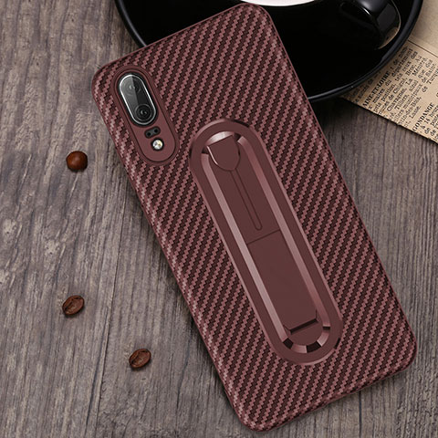 Custodia Silicone Ultra Sottile Morbida Cover con Anello Supporto A01 per Huawei P20 Marrone