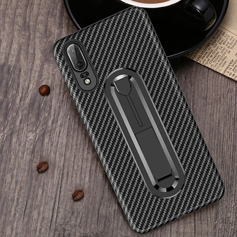 Custodia Silicone Ultra Sottile Morbida Cover con Anello Supporto A01 per Huawei P20 Nero