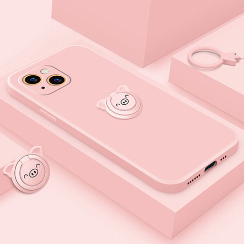 Custodia Silicone Ultra Sottile Morbida Cover con Magnetico Anello Supporto A07 per Apple iPhone 14 Oro Rosa