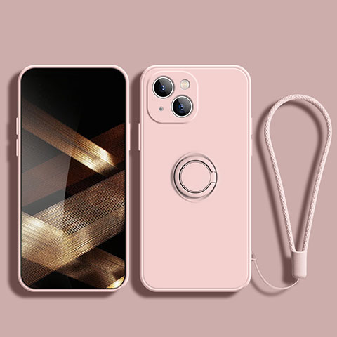 Custodia Silicone Ultra Sottile Morbida Cover con Magnetico Anello Supporto G02 per Apple iPhone 15 Oro Rosa