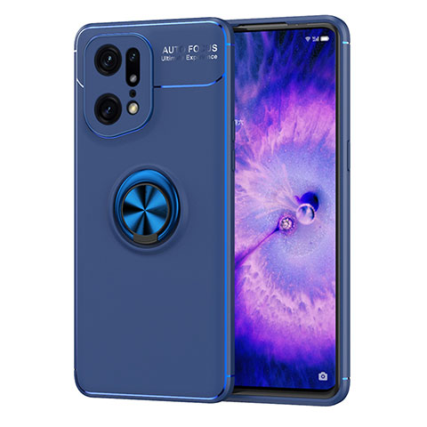 Custodia Silicone Ultra Sottile Morbida Cover con Magnetico Anello Supporto JM1 per Oppo Find X5 Pro 5G Blu