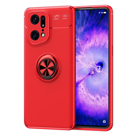 Custodia Silicone Ultra Sottile Morbida Cover con Magnetico Anello Supporto JM1 per Oppo Find X5 Pro 5G Rosso