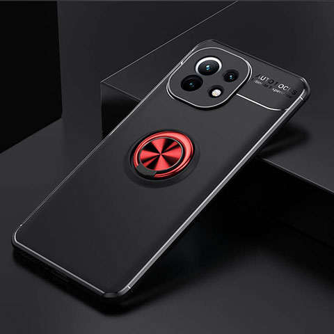 Custodia Silicone Ultra Sottile Morbida Cover con Magnetico Anello Supporto K01 per Xiaomi Mi 11 5G Rosso e Nero