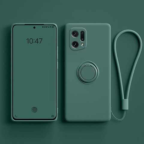 Custodia Silicone Ultra Sottile Morbida Cover con Magnetico Anello Supporto per Oppo Find X5 5G Verde Notte