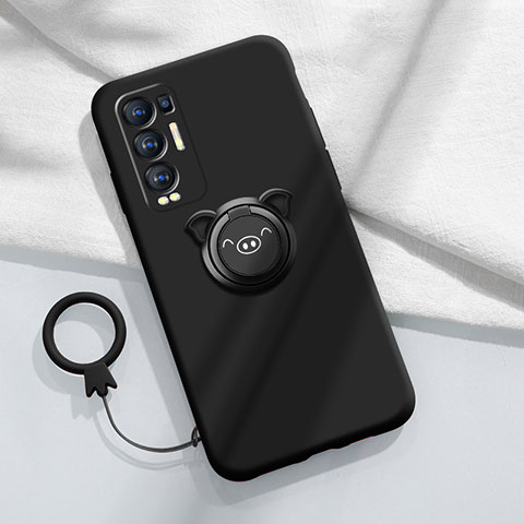 Custodia Silicone Ultra Sottile Morbida Cover con Magnetico Anello Supporto per Oppo Reno5 Pro+ Plus 5G Nero