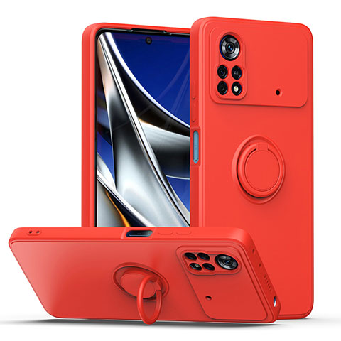 Custodia Silicone Ultra Sottile Morbida Cover con Magnetico Anello Supporto QW1 per Xiaomi Poco X4 Pro 5G Rosso