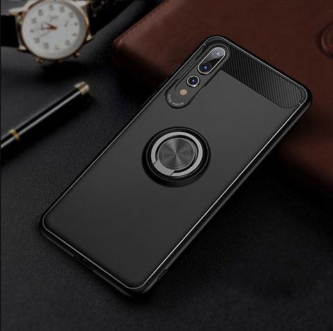 Custodia Silicone Ultra Sottile Morbida Cover con Magnetico Anello Supporto S01 per Huawei P20 Pro Nero