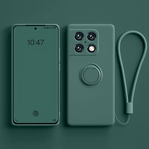 Custodia Silicone Ultra Sottile Morbida Cover con Magnetico Anello Supporto S01 per OnePlus 10 Pro 5G Verde Notte