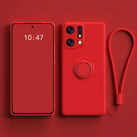 Custodia Silicone Ultra Sottile Morbida Cover con Magnetico Anello Supporto S01 per Oppo Find X5 5G Rosso