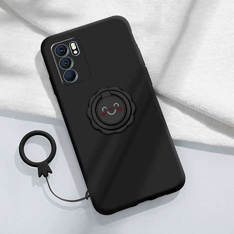 Custodia Silicone Ultra Sottile Morbida Cover con Magnetico Anello Supporto S02 per Oppo Reno6 Pro 5G India Nero