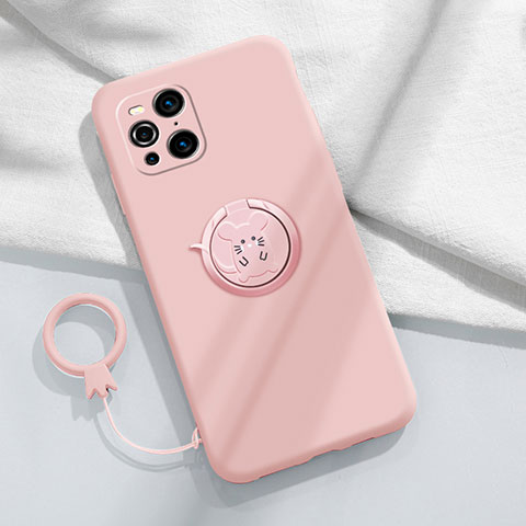 Custodia Silicone Ultra Sottile Morbida Cover con Magnetico Anello Supporto S03 per Oppo Find X3 5G Rosa