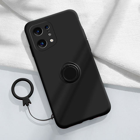 Custodia Silicone Ultra Sottile Morbida Cover con Magnetico Anello Supporto S04 per Oppo Find X5 Pro 5G Nero