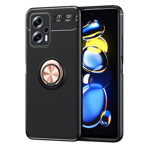 Custodia Silicone Ultra Sottile Morbida Cover con Magnetico Anello Supporto SD1 per Xiaomi Redmi Note 11T Pro 5G Oro e Nero