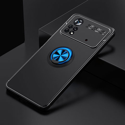 Custodia Silicone Ultra Sottile Morbida Cover con Magnetico Anello Supporto SD2 per Xiaomi Poco M4 Pro 4G Blu e Nero